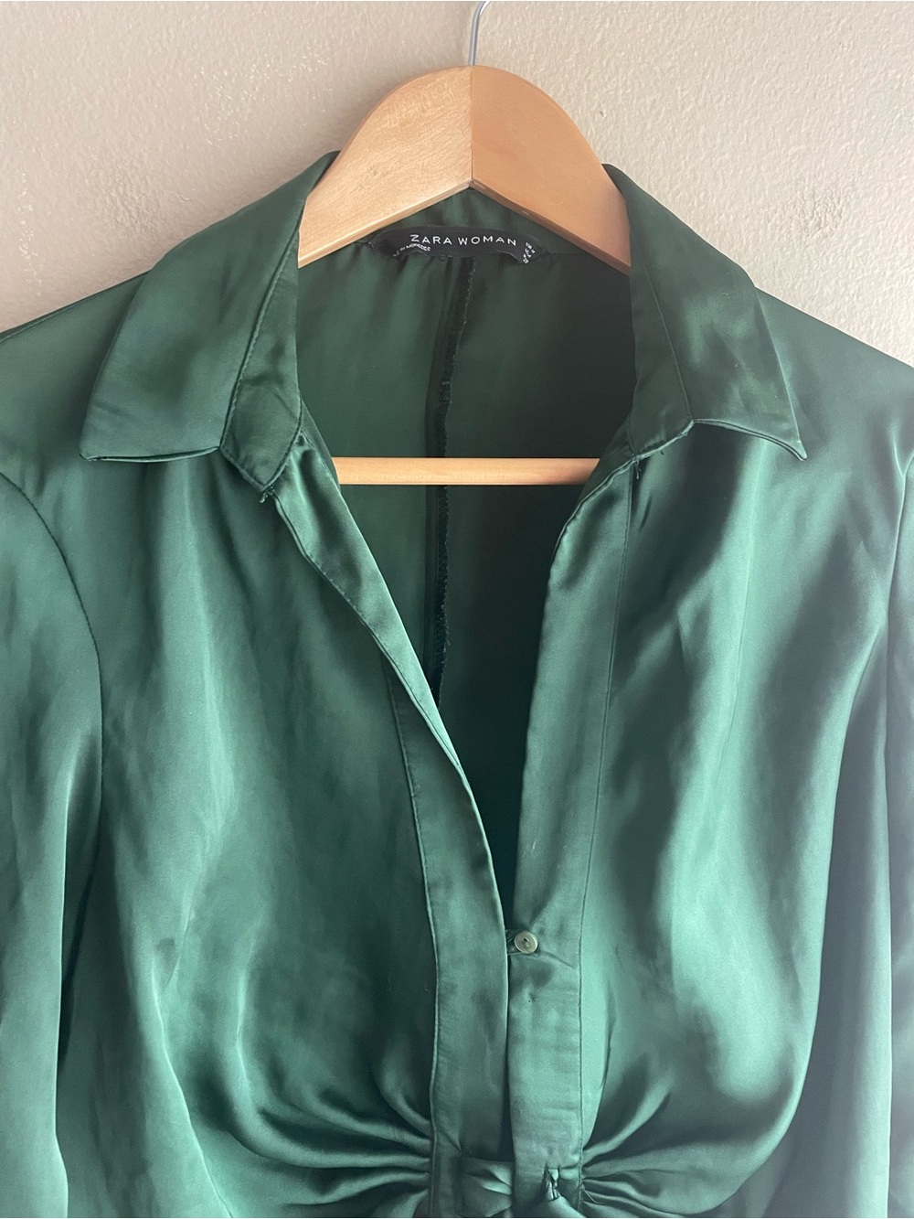Zara Forest Green Satin Tie-Front Blouse Medium - Picture 2 of 11